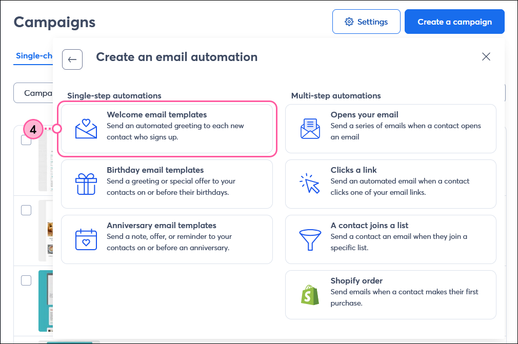 Ventana superpuesta Choose an Email Automation (Elija una automatización de correo electrónico) con la sección Single-step automations (Automatizaciones de un solo paso) y la opción Welcome Email Templates (Plantillas de correo electrónico de bienvenida)