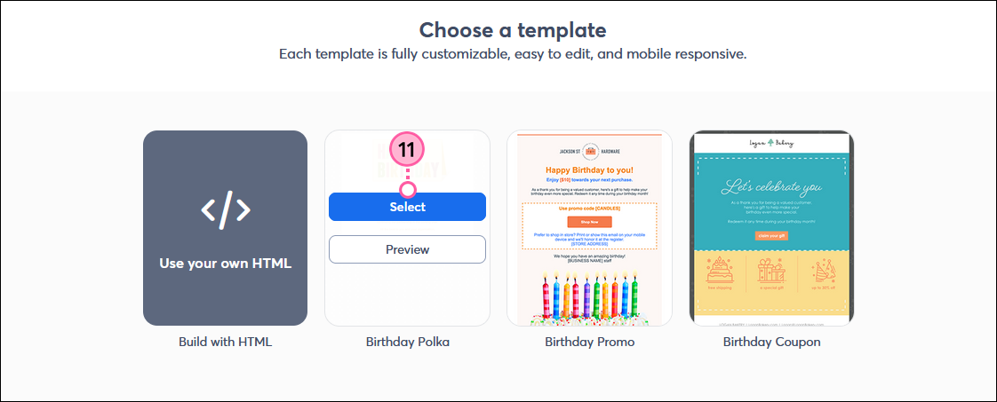 Select template and Preview icon