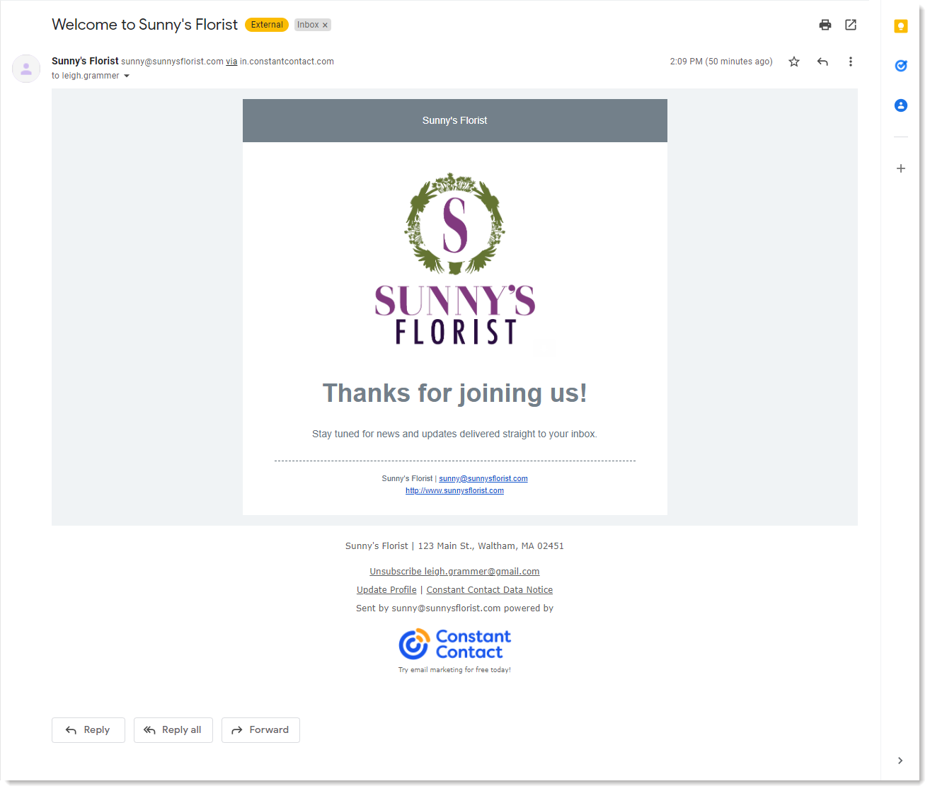 Example Welcome Email as seen in contact's inbox