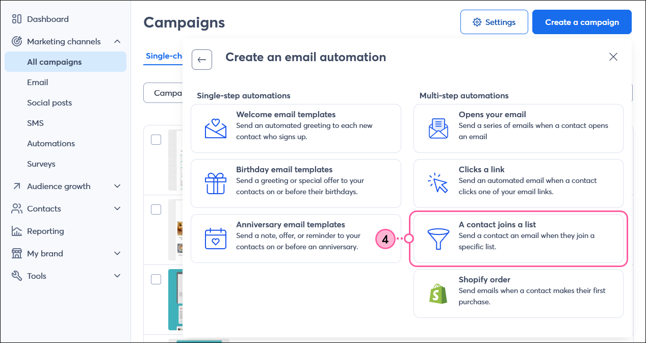 Choose an Email Automation dialogue box with A Contact Joins a List option