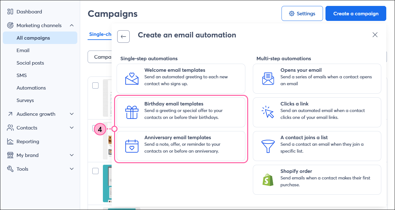 Choose an Email Automation, Single-step trigger types, and Birthday Email Templates option