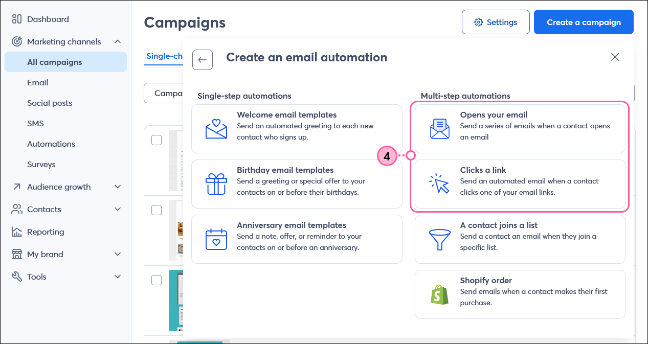 Choose an Email Automation dialogue box with Opens Your Email and Clicks a Link options
