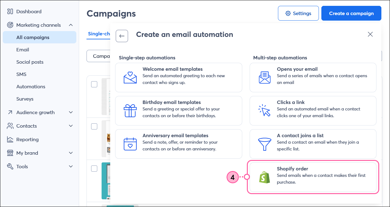 Choose an Email Automation overlay with Shopify Order option selected