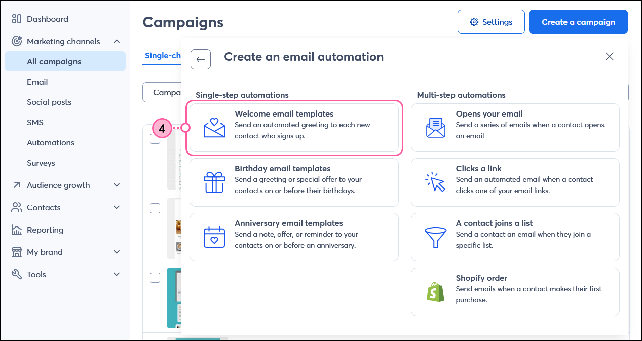 Choose an Email Automation overlay with Single-step automations section, and Welcome Email Templates option