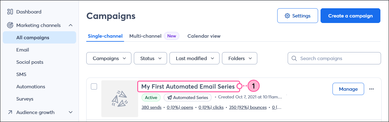Active Automated Email Series on Campaigns page
