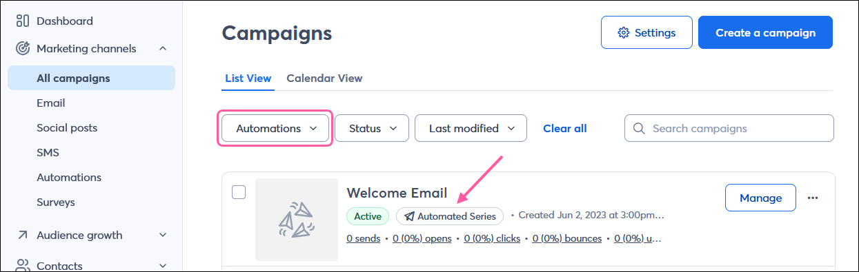 Campaigns page with Automations filter and Automated Series campaign type
