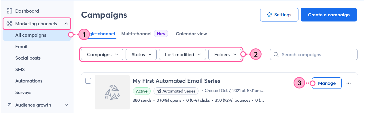 Campaigns page, filters, and Manage button next to Active automated email series