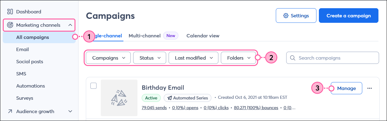 Campaigns page, Automations and Active filters, active Birthday Email and Manage button