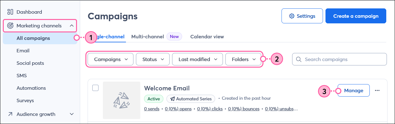 Campaigns page, filters, active welcome email and Manage button