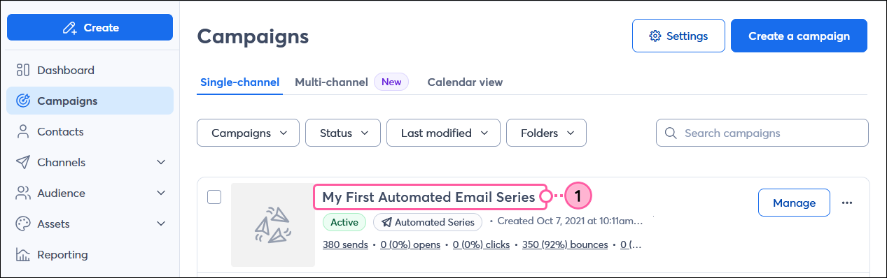 Active Automated Email Series on Campaigns page