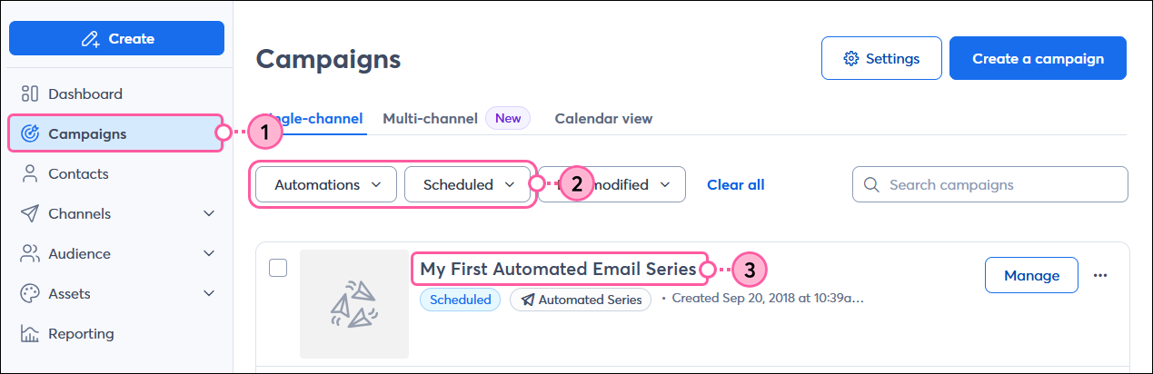 Screenshot of the Campaigns page with the Automations and Scheduled status filters, and Scheduled series name selected