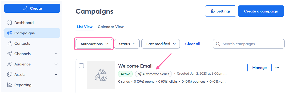 Página Campaigns (Campañas) con el filtro Automations (Automatizaciones) y tipo de campaña Automated Series (Serie automática)