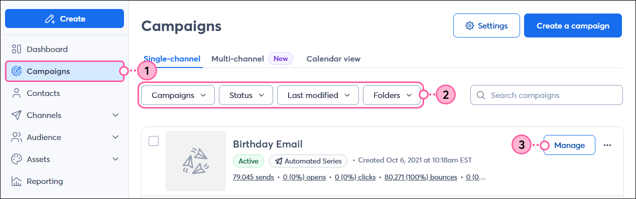Campaigns page, Automations and Active filters, active Birthday Email and Manage button