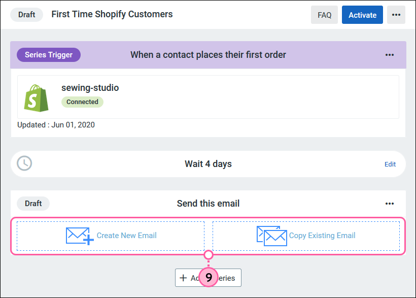 Draft Automated Series with Create New Email and Copy Existing Email options