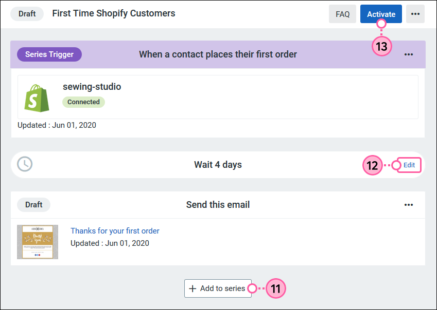 Draft Automated Series with Add to Series button, Edit link, and Activate button