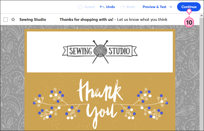 Email editor and Continue button
