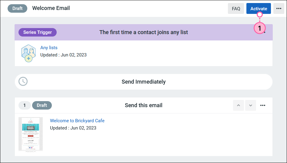 Welcome Email draft with series trigger set to "The first time a contact joins this list" option, and Activate button