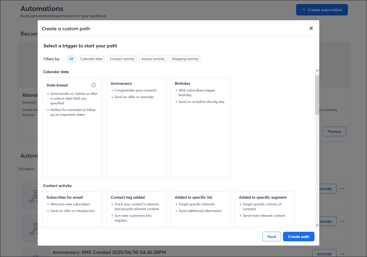Custom path template with trigger options