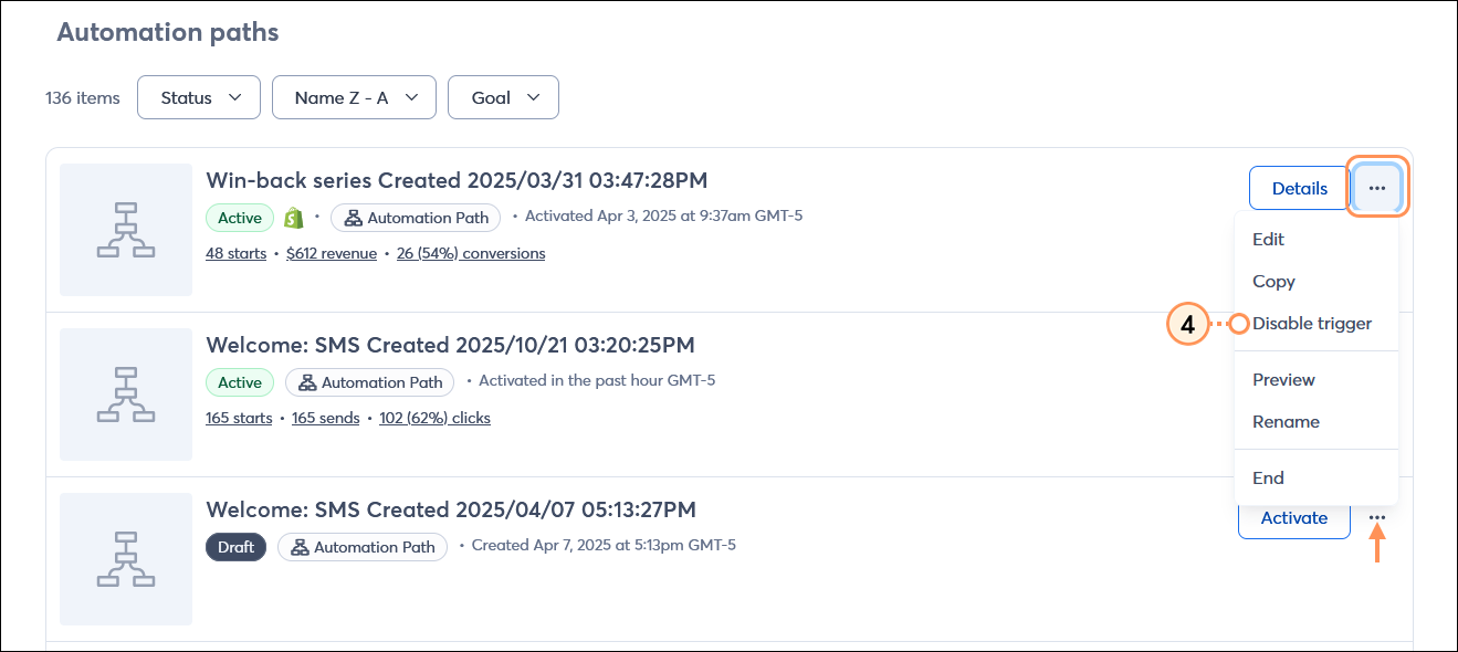 Automations page with Automation paths section, active automation with menu expanded and Disable trigger option selected