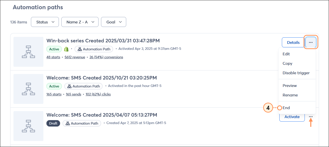 Automations dashboard with active path menu expanded and End option