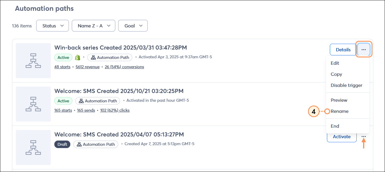 Automations page with Automation paths section, active automation with menu expanded and Rename option selected