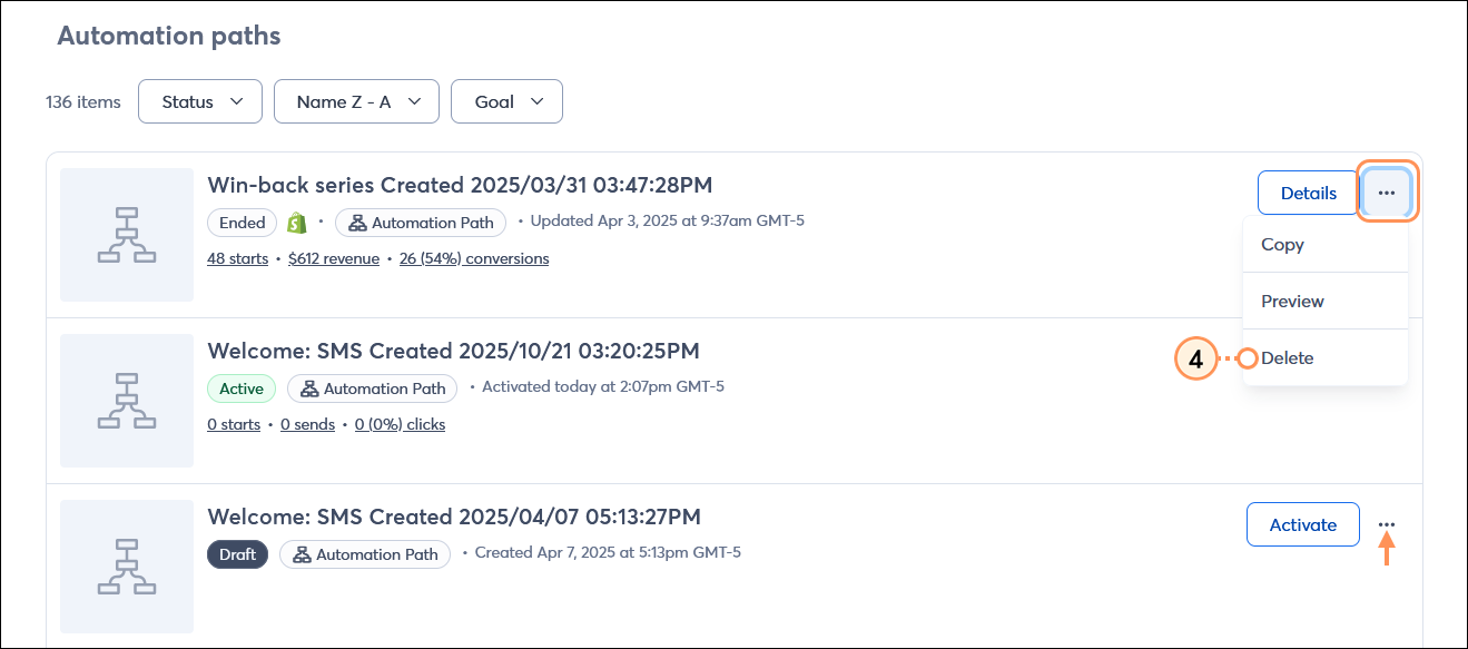 Automation page with Automation paths section, ended automation with menu expanded and delete option selected