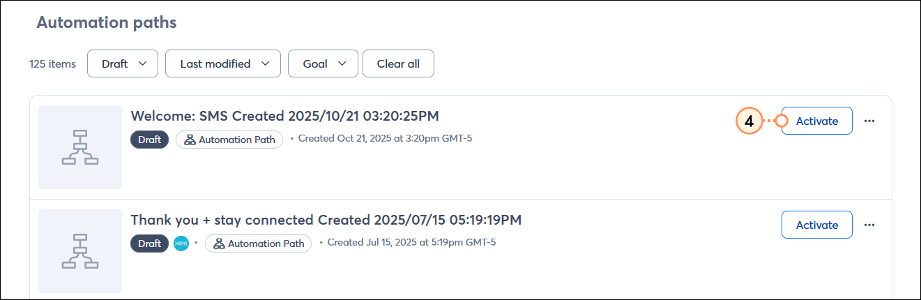 Automations page with and Automation paths section, Status drop-down menu with Draft option selected, and draft automation with Activate button