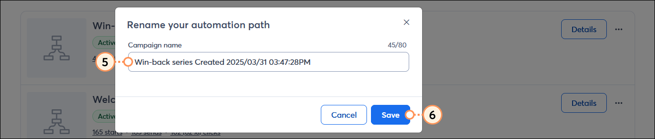 Rename your automation path overlay with Campaign name field and Save button