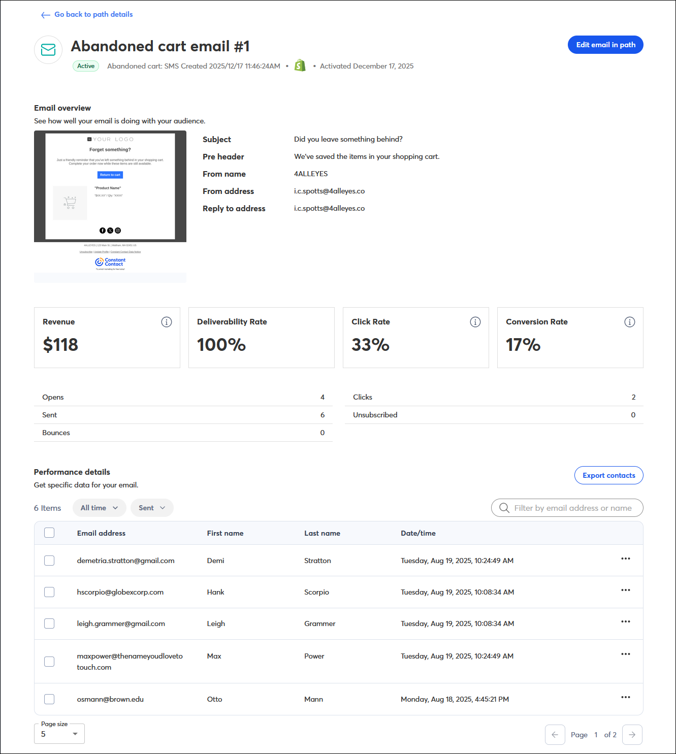 Email Details page for an email within an Automation Path, Email overview section and Performance details section with Export contacts button