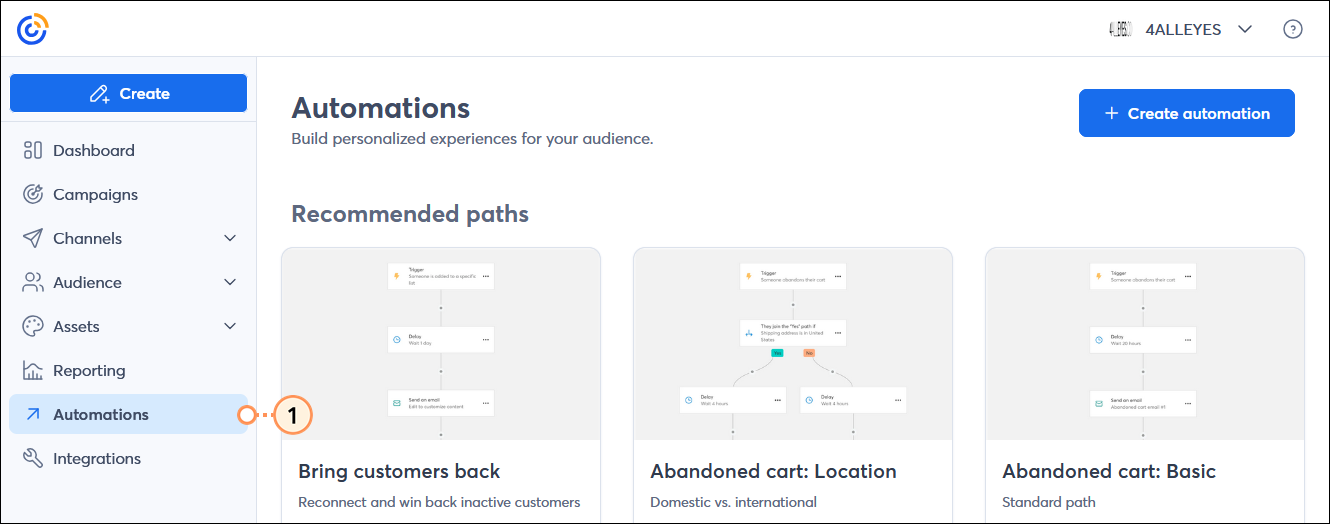 Left-hand menu with Automations option selected, and Automations dashboard with Recommended paths section