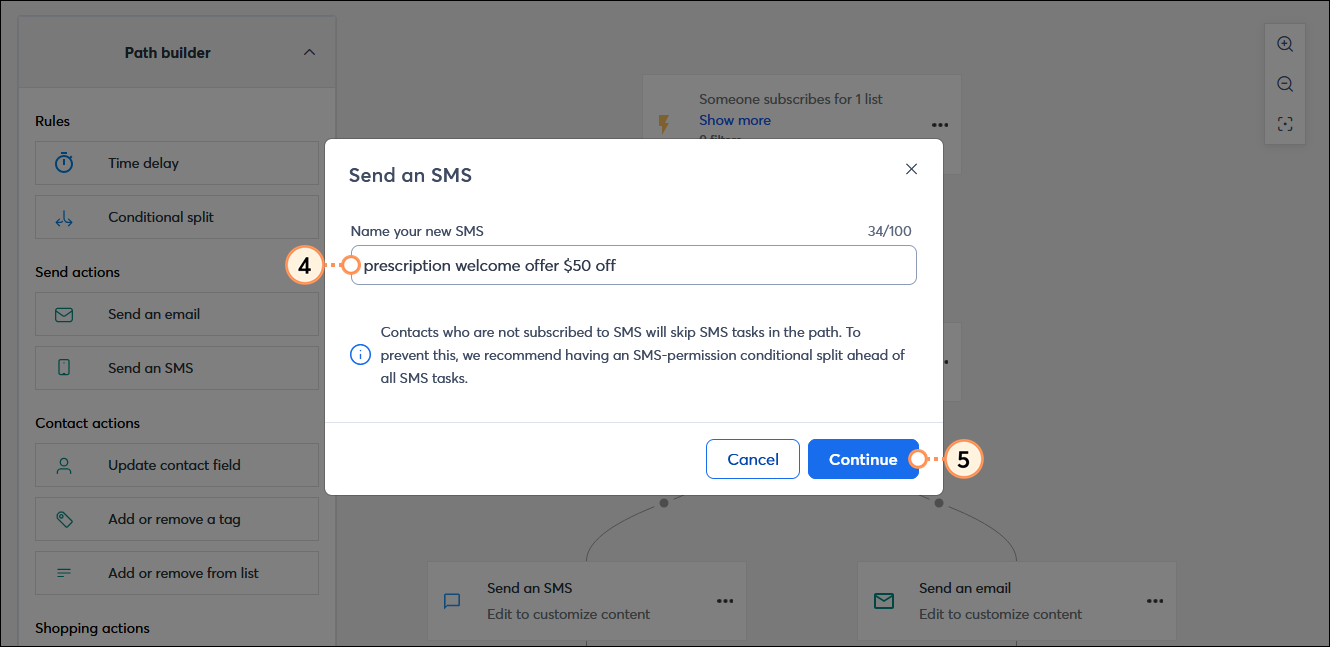 Send an SMS overlay with Name your new SMS field, and Continue button
