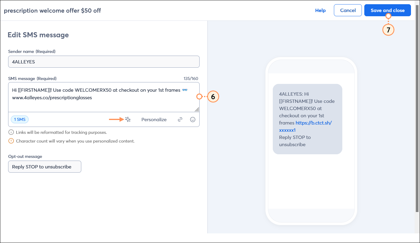 SMS editor with SMS message field and sample content including a personalized first name, emoji, and URL