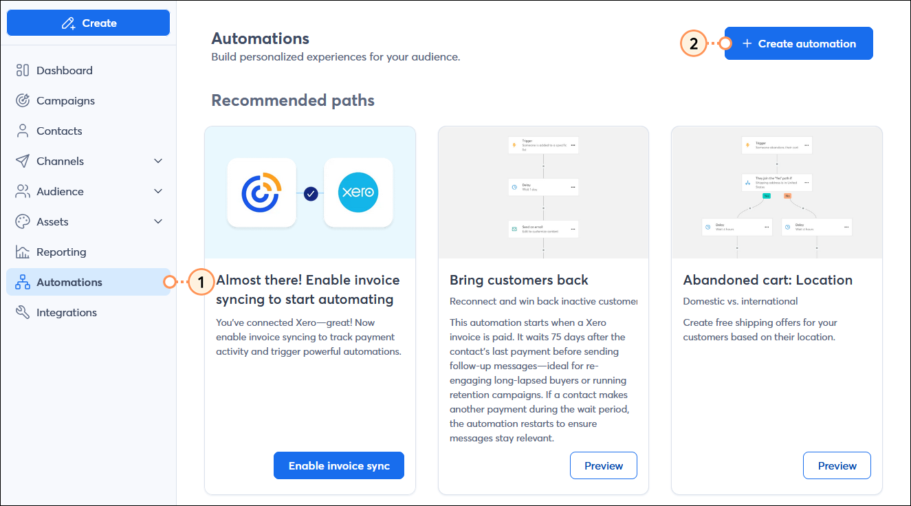Left-hand menu and Automations option selected, and Automations page with + Create an automation path button