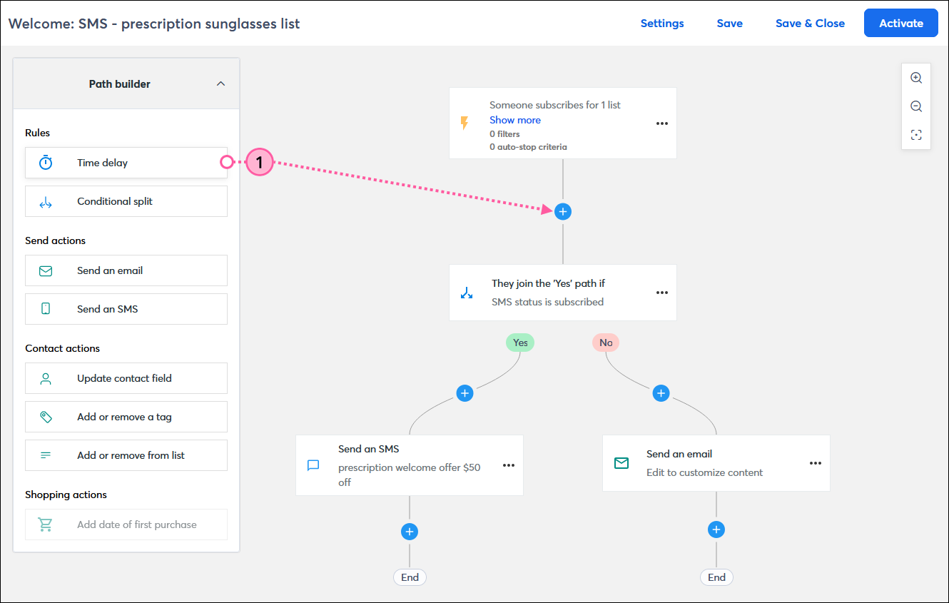 Automation Path Builder, Rules section and Time delay option, drag-and-drop Time delay ruld into path to areas marked with a plus sign