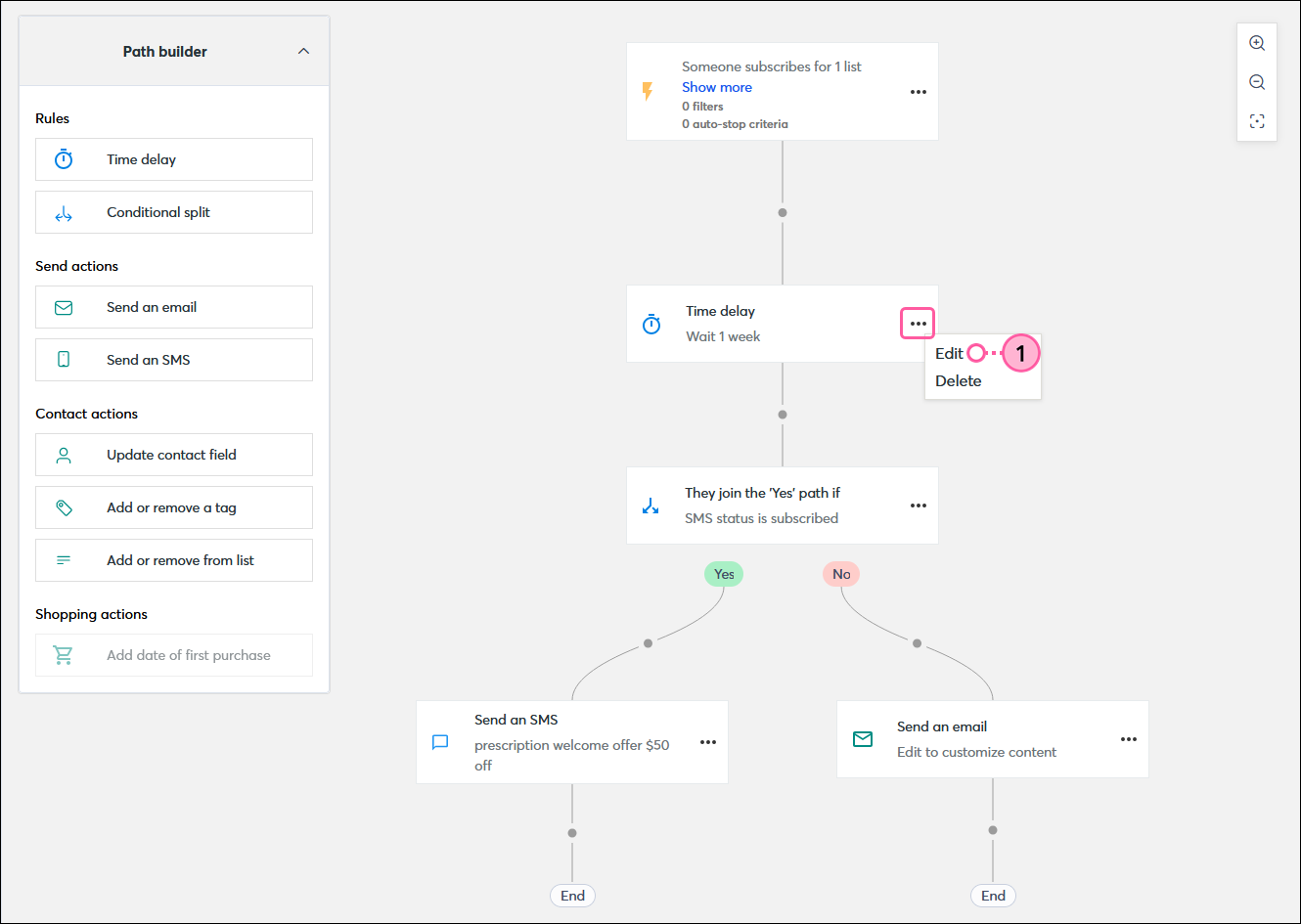 Automation Path Builder with time delay step in the path, and time delay menu expanded with Edit option selected