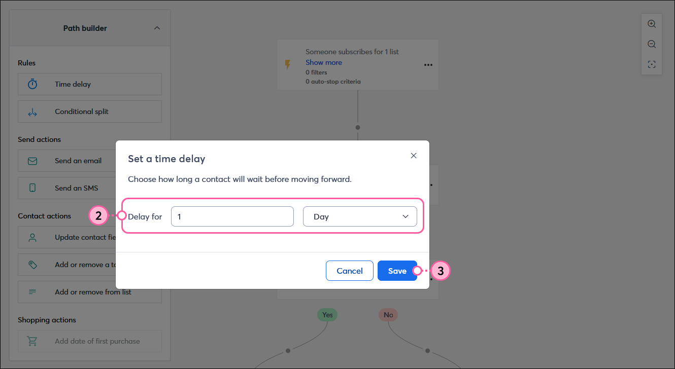 Set a time delay overlay with Delay for options and Save button