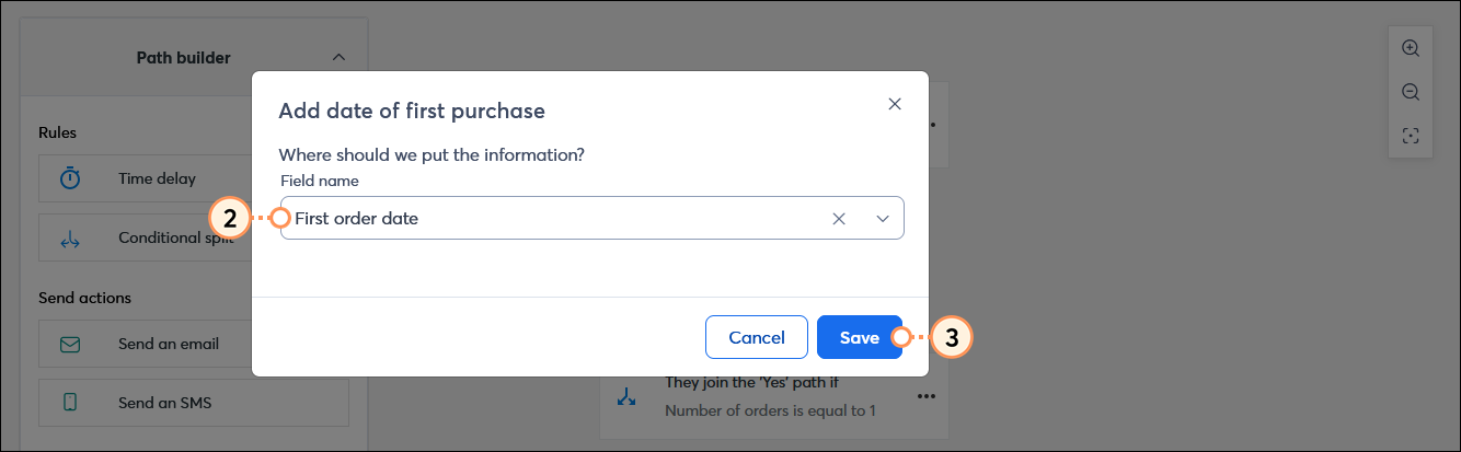 Automation Path Builder (Generador de rutas de automatización) con la superposición Add date of first purchase (Agregar fecha de la primera compra), las opciones Choose an existing field (Elegir un campo existente) y Create a custom field (Crear un campo personalizado), campo Field name (Nombre de campo) y botón Save (Guardar)