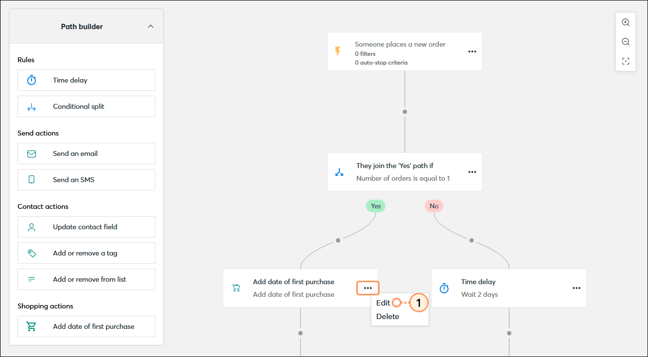 Automation Path Builder (Generador de rutas automatizadas) con paso Add date of first purchase (Agregar fecha de la primera compra) con el menú expandido y la opción Edit (Editar) seleccionado