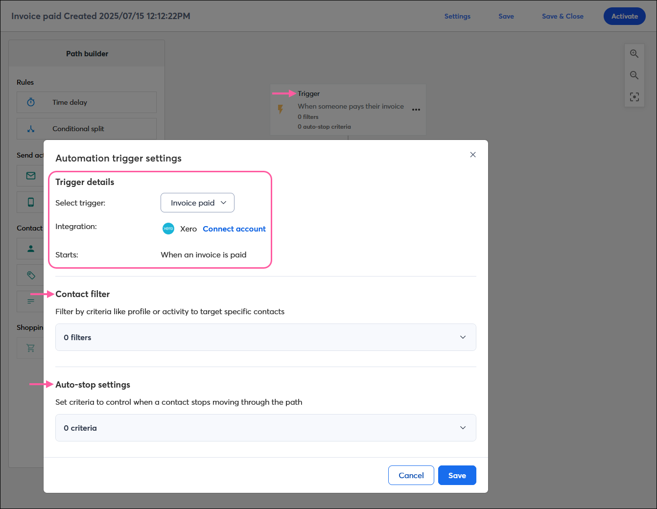 Automation Path Builder with Trigger step and Automation trigger settings overlay, Trigger details section with Invoice paid option selected