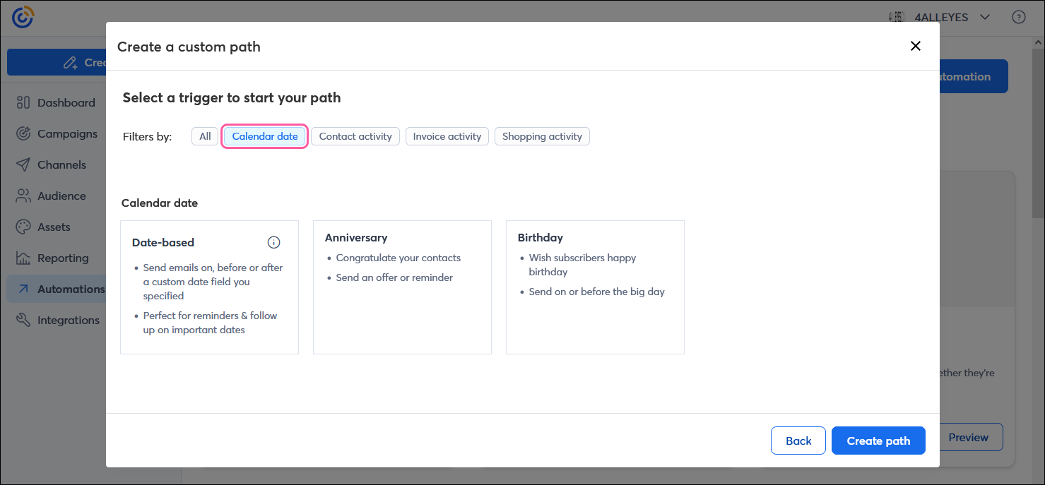 Create a custom path overlay with trigger options, and Calendar date filter option selected, with Anniversary, Birthday, and Date-based options