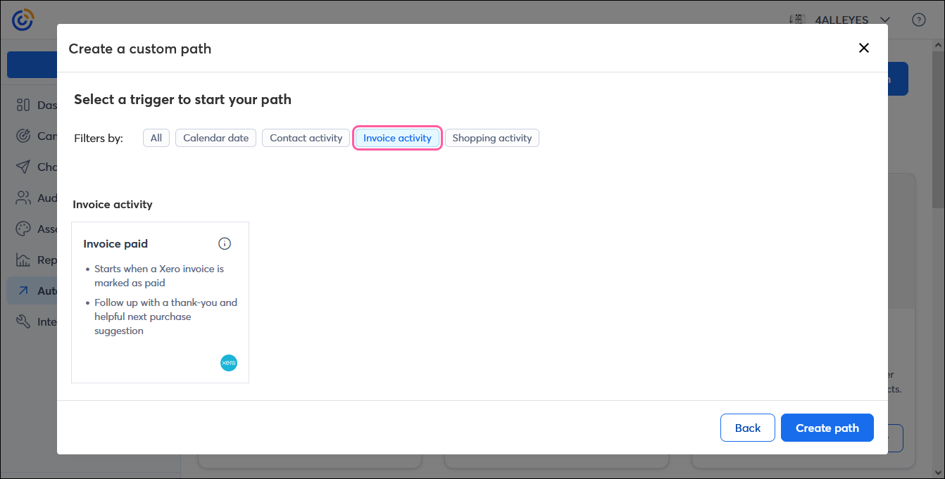 Create a custom path overlay with trigger options and Invoice activity filter selected, and Invoice activity option