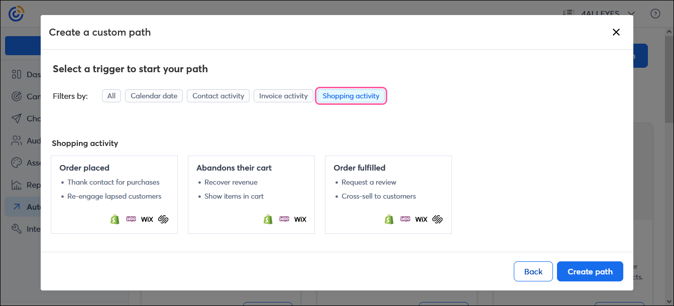 Create a custom path overlay with Shopping activity filter option selected, and Order placed, Abandons their cart, and Order fulfilled options
