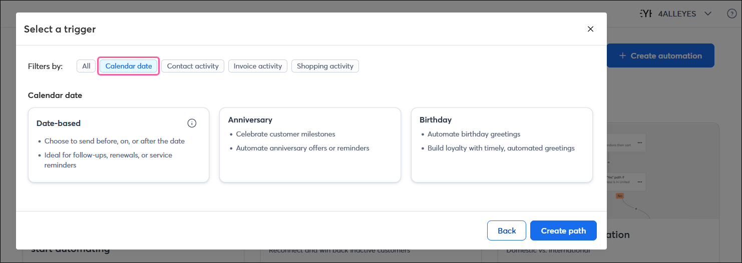 Create a custom path overlay with trigger options, and Calendar date filter option selected, with Anniversary, Birthday, and Date-based options