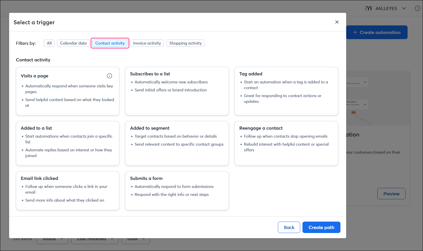 Create a custom path overlay with trigger options, and Contact activity filter option selected, with Subscribes for email, Added to specific list, Added to specific segment, Reengage contacts, Contact tag added, and Clicks the email link options