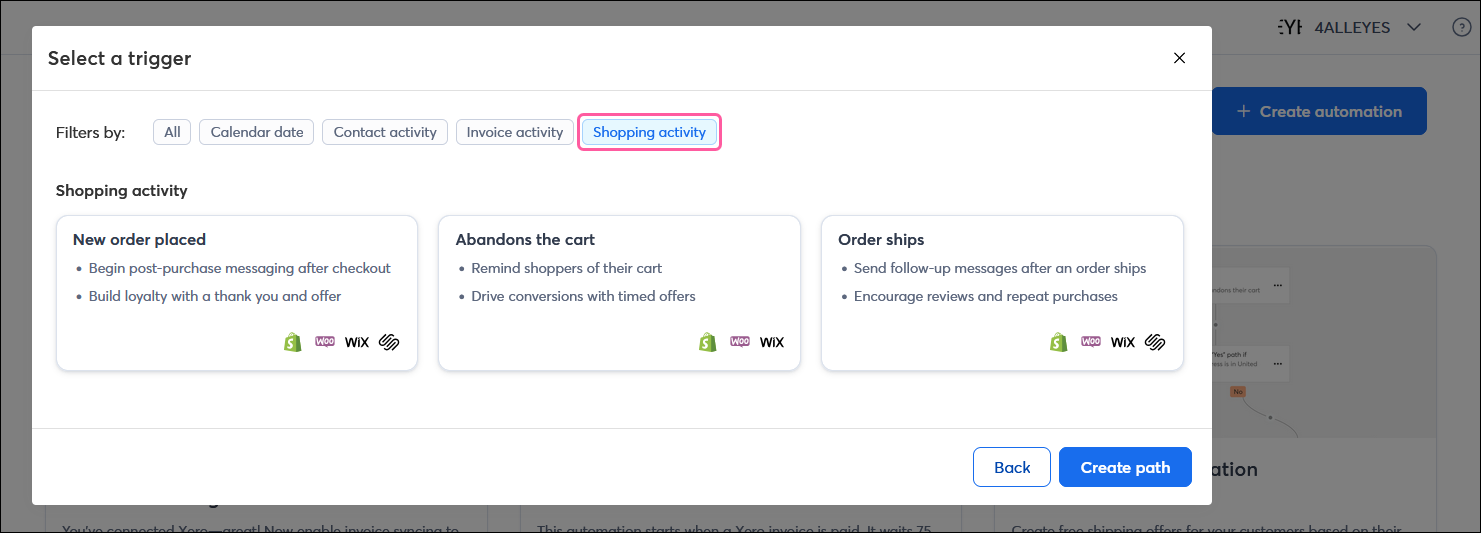 Create a custom path overlay with Shopping activity filter option selected, and Order placed, Abandons their cart, and Order fulfilled options