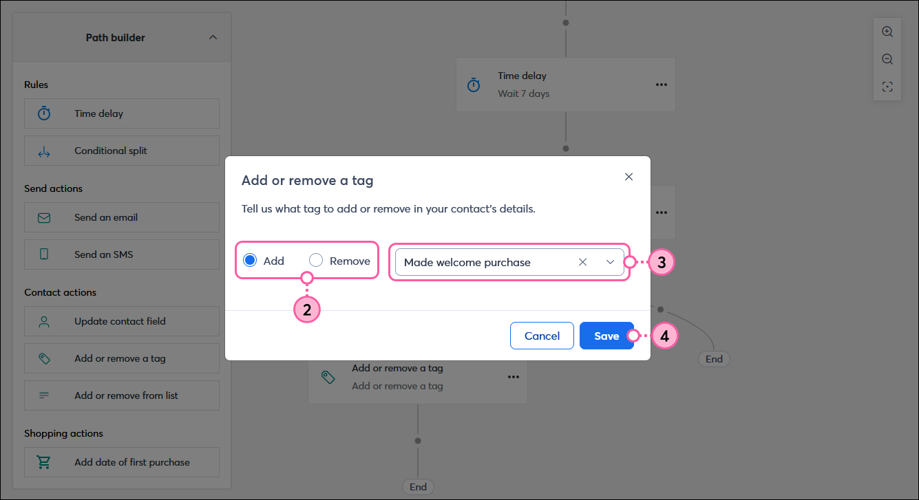 Add or remove a tag overlay with Add and Remove options, Tag drop-down menu with tag selected, and Save button