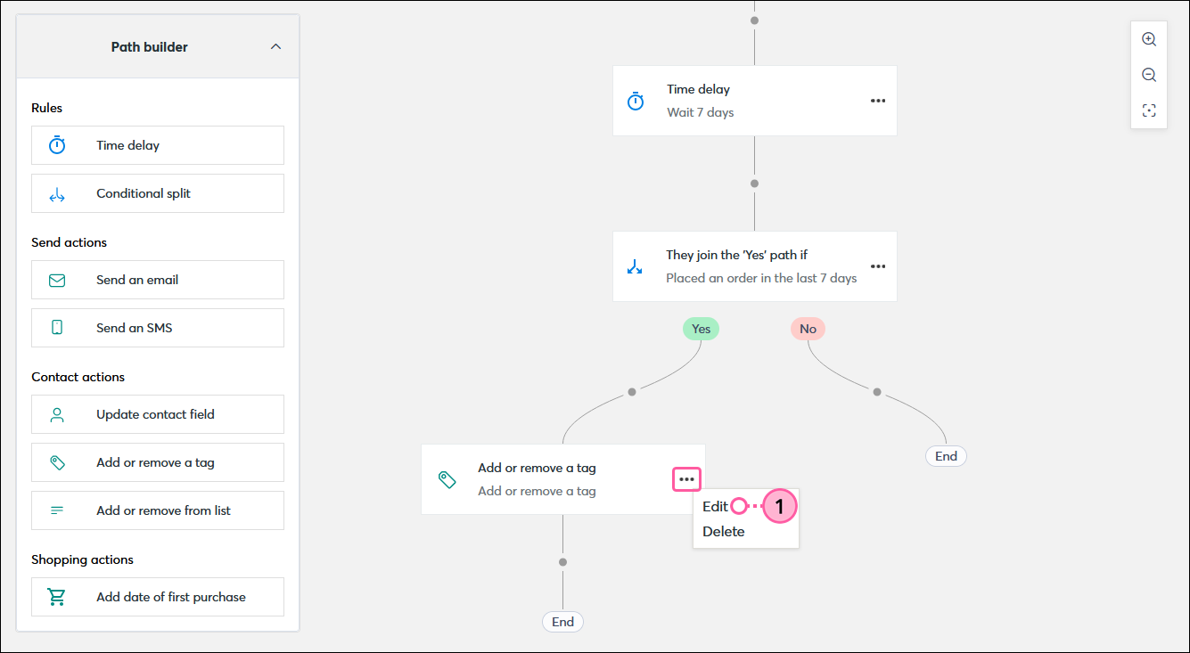 Automation Path Builder path that includes an Add or remove a tag step with menu expanded and Edit option selected