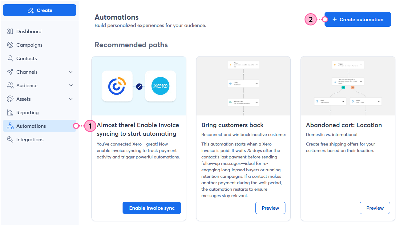 Left-hand menu expanded and Automations option selected, Automations page and + Create an automation path button