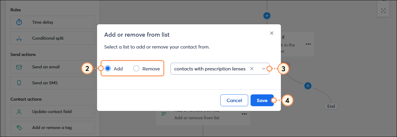 Add or remove from list overlay with Add option selected, List drop-down menu, and Save button