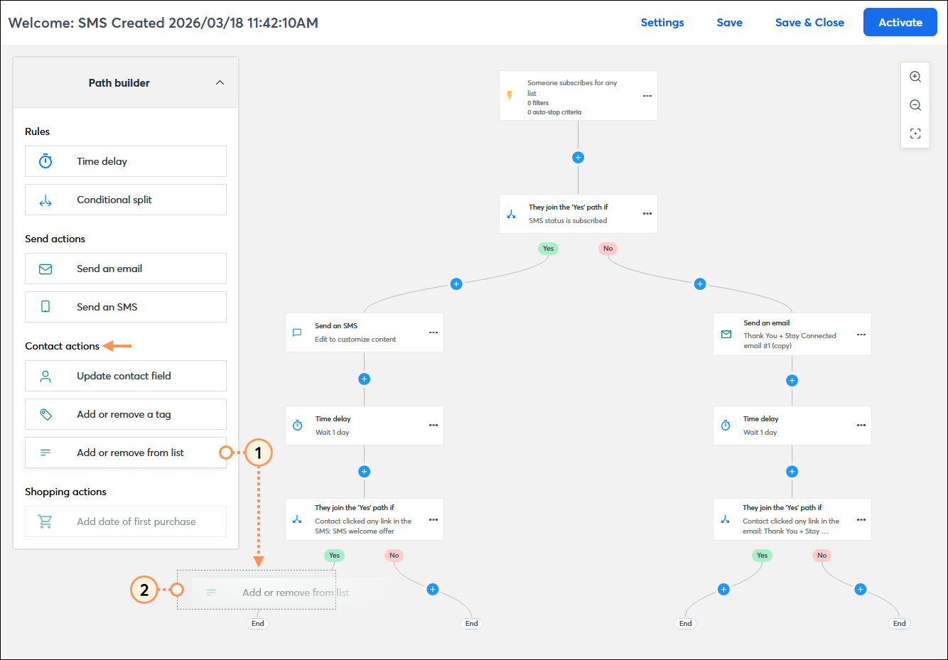 Automation path builder with Contact actions section and Add or remove from list option being dragged into the path and dropped into place